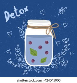 Bottle smoothie with mint and blueberries. Doodle. Detox and healthy eating. Hand-drawing.