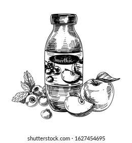 Bottle of smoothie, vintage hand drawn vector illustration. Fruit juice of apple, blueberry, retro-style sketch on white background.