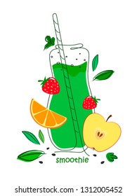 A bottle of smoothies with a tub in the style of doodle surrounded by leaves, citrus and fruit. Vector illustration