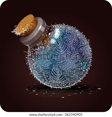 Bottle snow flacks. Freezing potion. Vector design for app user interface. freezing effect, slowing effect, water walking elixir, fire resist, ice symbol, winter symbol, snowball