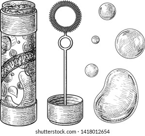 Bottle of soap bubbles illustration, drawing, engraving, ink, line art, vector