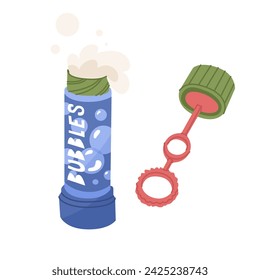 A bottle of soap bubbles with an open lid. Educational toys for small children. Raising and caring for children. Breathing exercises and speech development. Vector illustration isolated.
