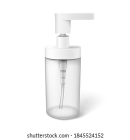 Bottle for soap or sanitizer with pump dispenser isolated on white background. Empty plastic package for liquid antibactrial gel or cosmetic product. Realistic vector illustration