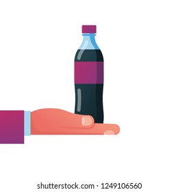 Bottle of soda hold in hand. Refreshing drink in plastic tarre. Vector illustration flat design. Isolated on white background. Carbonated drink.