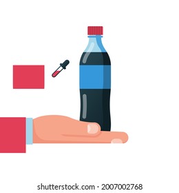 Bottle of soda hold in hand. Refreshing drink in plastic tarre. Vector illustration flat design. Isolated on white background. Carbonated drink.