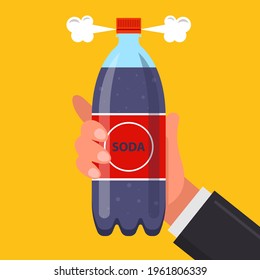 a bottle of soda in the man's hand. open a carbonated drink. flat vector illustration.