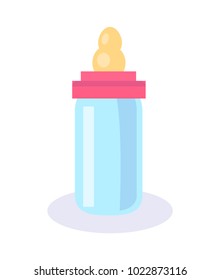 Bottle with soother, poster with feeding object, transparent container with dummy on top, item for children care vector illustration isolated on white