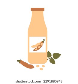 Bottle of soy milk with pod and leaves. Plant based vegan drink concept. Dairy free and non lactose beverage. Vector flat illustration.