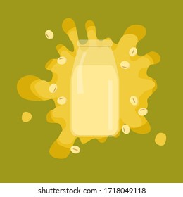 una botella de leche de soja con algunas judías y salpicaduras
