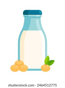 Bottle of soy milk with soybeans next to it. Flat icon isolated on white background. Plant-based milk concept for vegan and lactose-free diets. Perfect for nutritional guides