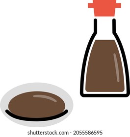 a bottle of soy sauce and soy sauce on a plate