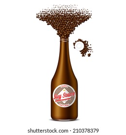 Bottle of soy sauce with scattered dark spice