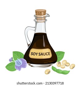 Bottle of soy sauce, soybeans and a plant with a flower. Vector illustration in cartoon flat style. Food icon.