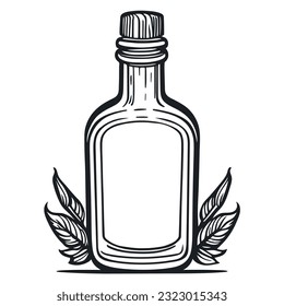 Bottle with space for text hand engraved. Ink sketch glass vintage bottle, decorated with herbs. Container for drinks, liquid, oil and alcohol, doodle sketch style vector illustration