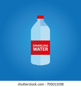 Bottle sparkle water blue background red label vector