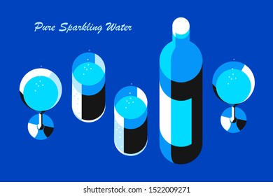 Bottle of sparkling water and set of glasses, top view. Isolated images, blue background. Vector illustration