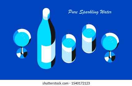 Bottle of sparkling water and set of glasses, top view. Blue background. Vector illustration