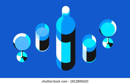 Bottle of sparkling water and set of glasses, top view. Blue background. Vector illustration