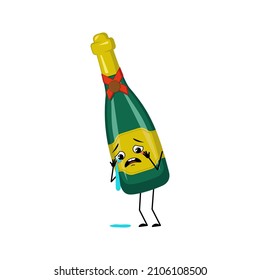 Bottle of sparkling wine character with crying and tears emotion, sad face, depressive eyes. Alcohol man with melancholy expression, glass container for holidays and party. Vector flat illustration