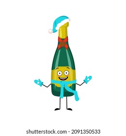 Bottle of sparkling wine character with happy emotion, joyful face, smile eyes, arms and legs with scarf and mittens. Alcohol man for Christmas and New year. Vector flat illustration