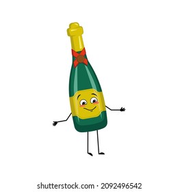 Bottle of sparkling wine character with happy emotions, face, smile eyes, hands and legs. Alcohol man with joyful facial expression, glass container for holidays and parties. Vector flat illustration
