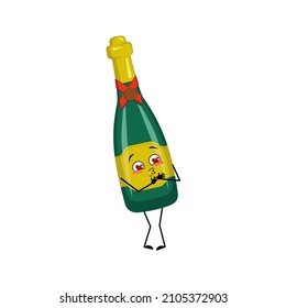 Bottle of sparkling wine character with love emotions, smile face, arms and legs. Alcohol man with joyful facial expression, glass container for holidays and parties. Vector flat illustration