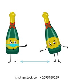 Bottle of sparkling wine character with sad emotions, face and mask keep distance, arms and legs. Alcohol man with expression, glass container for holidays and parties. Vector flat illustration