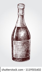 Bottle of sparkling wine. Ink hand drawn Vector illustration. Drink element for menu design.