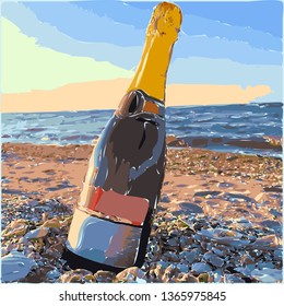 Bottle of sparkling wine on a beach. Watercolor vector illustration. Romantic colorful graphic poster