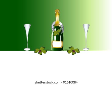 Bottle with sparkling wine and shamrocks