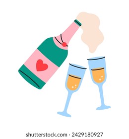 Bottle with sparkling wine and two glasses.