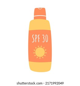 A bottle of SPF 30 sunscreen. Moisturizing face and body lotion with high skin protection from UV rays. Calculation illustration in flat style isolated on white background.