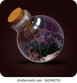 Bottle with spider.Black Widow. Game icon of magic elixir. Vector design for app user interface. poison, antidote ingredient, a symbol of danger, an ingredient for a trap