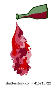 Bottle with spilled wine. Flowing red liquid elements. For beverage menu, alcohol drink ad, winery decoration.
