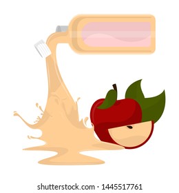 Bottle spilling apple juice and a fruit - Vector