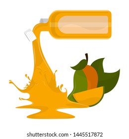 Bottle spilling mango juice and a fruit - Vector