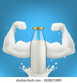 Bottle With Splash Of Milk In Form Of Strong Arm Concept. EPS10 Vector