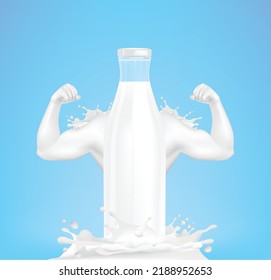 Bottle With Splash Of Milk In Form Of Strong Arm Concept. EPS10 Vector