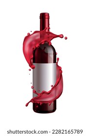 Bottle in splashes of red wine realistic vector illustration