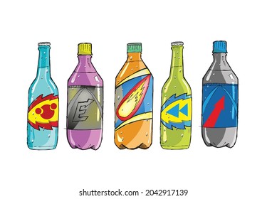 Bottle of sports drinks, alcoholic or soda beverages handmade illustrations. Editable Clip Art.