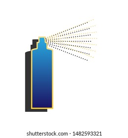 Bottle spray sign. Blue icon with gold contour with dark gray shadow at white background. Illustration.