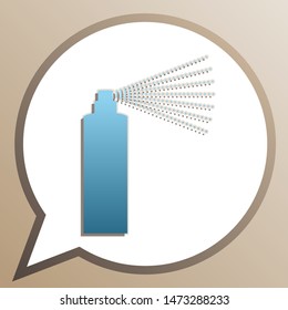 Bottle spray sign. Bright cerulean icon in white speech balloon at pale taupe background. Illustration.