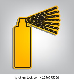 Bottle spray sign. Flat orange icon with overlapping linear black icon with gray shadow at whitish background. Illustration.