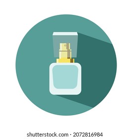 Bottle with spray of toilet water or perfume flat vector icon isolated on blue background