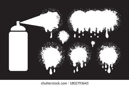 Bottle spray woth graffiti stains, aerosol blots isolated. Black splashes, ink paints, circle drop stains and drips collection. Liquid dripping circles vector silhouettes