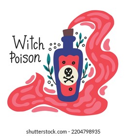Bottle spraying witch poison. Lettering. Halloween kids graphic. Cartoon flat vector 