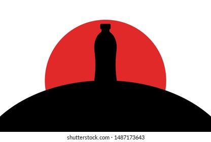A bottle stands on a hill, sunset, silhouette art image, vector illustration isolated on white background