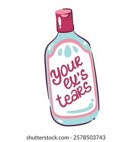 Bottle with sticker your ex's tears. Anti Valentine's day concept, cartoon vector illustration. Hand drawn non romantic symbol. Alternative Valentine day icon.