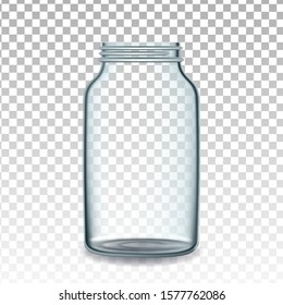 Bottle For Storaging Canned Vegetables Vector. Opened Empty Glass Bottle For Pickled Tomatoes, Cucumbers Or Sweet Peppers Transparency Background. Kitchen Glassware Template Realistic 3d Illustration
