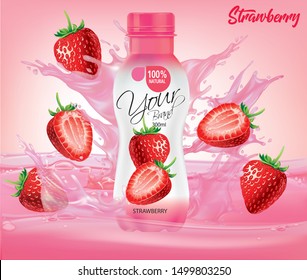 Bottle of strawberry juice falls on the water splash.vector